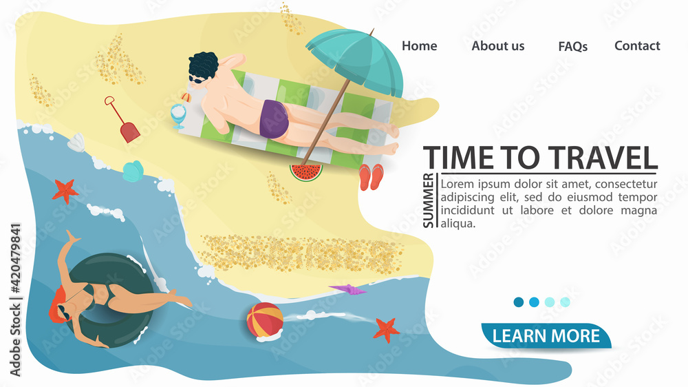 Banner for the design of advertising tourist web pages websites and mobile applications on the theme of summer holidays travel and vacation A guy and a girl are on the beach