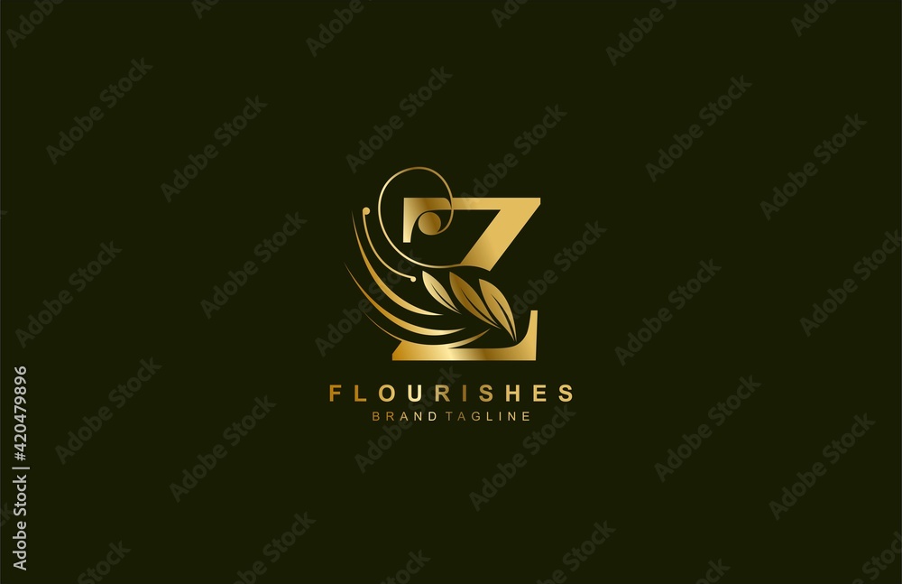 lowercase letter z linked beauty flourish golden color logo design - obrazy, fototapety, plakaty 