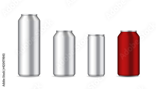 Can of beer. Aluminium bottle for drink. Mockup of can bottle for soda or cola. Silver and red aluminum box for water, energy drink. Blank 3d mock up for cold juice. Realistic container. Vector