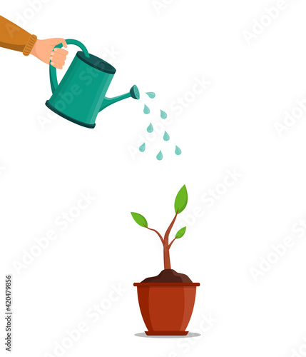 Water can in hand. Water for pour of tree and plant. Growth are seed in garden in spring. Pot with plant or flower. Hand holding can watering for grow of sprout. Flora, tool and sprinkle. Vector
