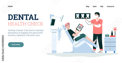 Dental health check website concept with cartoon people vector illustration.