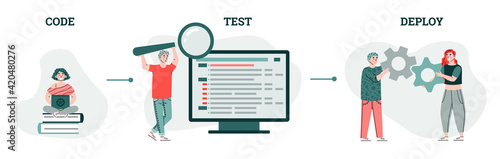 Computer code testing with characters, cartoon vector illustration isolated.
