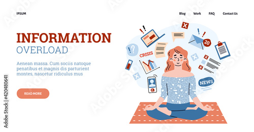 Overcoming information overload concept of website cartoon vector illustration.