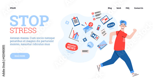 Man overloading by work and news in stress run away from information data stream