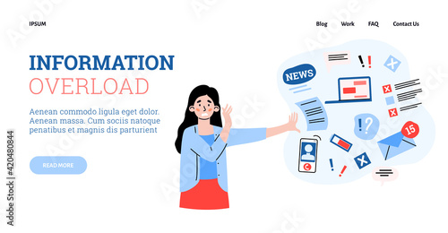 Information overload banner with stressed woman, cartoon vector illustration.