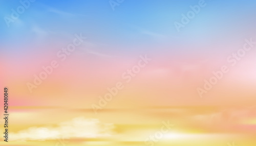 Colourful cloudy sky with fluffy clouds with pastel tone in blue, pink and orange in morning,Fantasy magical sunset sky on spring or summer, Vector illustration sweet background for four season banner © Anchalee