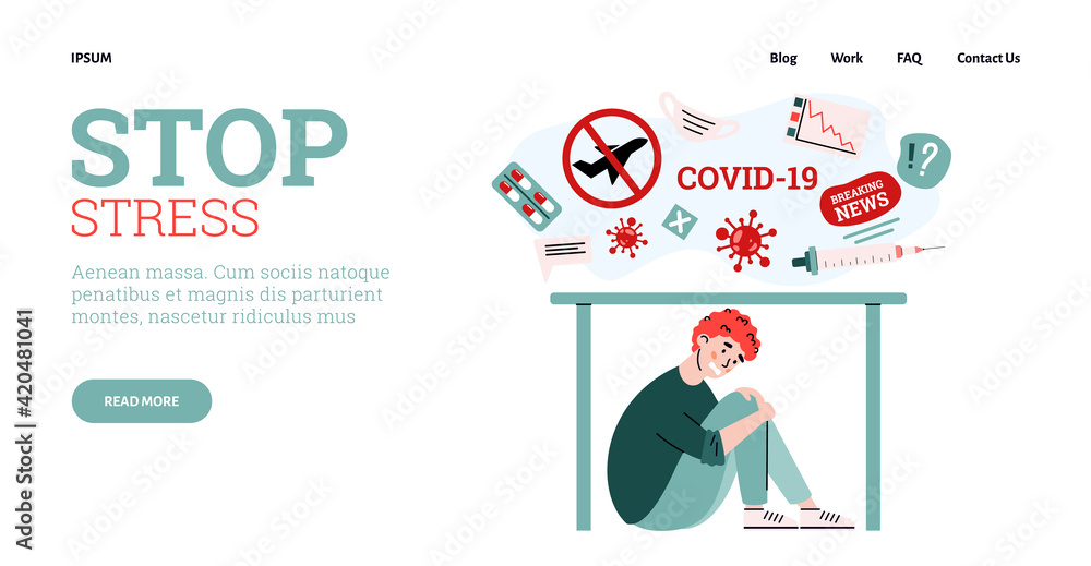 Stop stress site with man stressed of pandemic news, cartoon vector illustration. Stop stress site with man stressed of pandemic news, cartoon vector illustration.