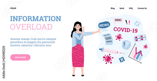 Woman is overload with stress information about covid-19 virus and world crisis.