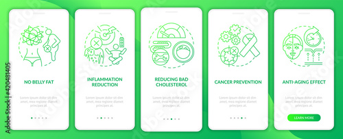 Intermittent fasting benefits green gradient onboarding mobile app page screen with concepts. Healthy diet walkthrough 5 steps graphic instructions. UI vector template with RGB color illustrations