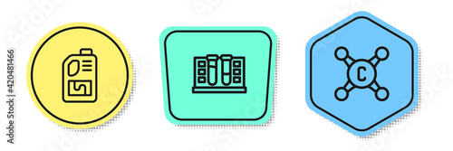 Set line Drain cleaner bottle, Test tube with water drop and Water tap. Colored shapes. Vector