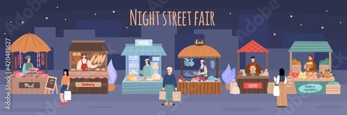 Night street fair scenery with farmers and buyers cartoon vector illustration.
