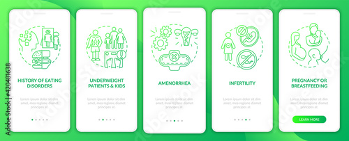 Intermittent fasting precaution green gradient onboarding mobile app page screen with concept. Diet and health walkthrough 5 steps graphic instructions. UI vector template with RGB color illustrations