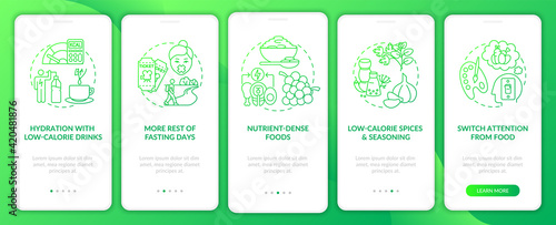 Intermittent fasting green gradient tips onboarding mobile app page screen with concepts. Nutrient food. Diet walkthrough 5 steps graphic instructions. UI vector template with RGB color illustrations