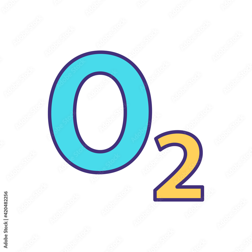 Dioxygen RGB color icon. Oxygen. Chemical, non-metal element. Colorless, tasteless gas. Vital for respiration. Biological reaction. Energy metabolism. Two oxygen atoms. Isolated vector illustration Dioxygen RGB color icon. Oxygen. Chemical, non-metal element. Colorless, tasteless gas. Vital for respiration. Biological reaction. Energy metabolism. Two oxygen atoms. Isolated vector illustration
