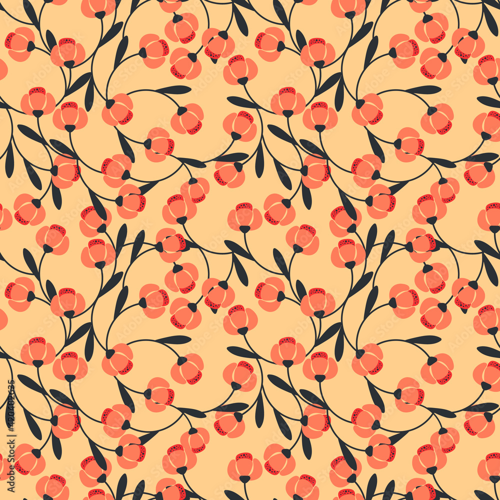 Beautiful seamless pattern with simple coral abstract flowers and dark blue leaves.Vector floral ornament on beige background.For textiles,fabrics,wallpapers,wrapping papers. Beautiful seamless pattern with simple coral abstract flowers and dark blue leaves.Vector floral ornament on beige background.For textiles,fabrics,wallpapers,wrapping papers.