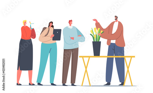 Florist Performing Japanese Ikebana Art for Male and Female Characters, Masterclass or Workshop. Man Making Composition