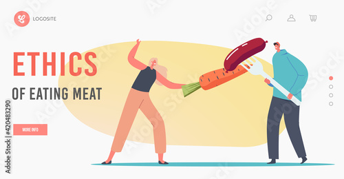 Ethic of Eating Meat Landing Page Template. Tiny Characters Fencing with Carrot and Sausage. Healthy Unhealthy Nutrition
