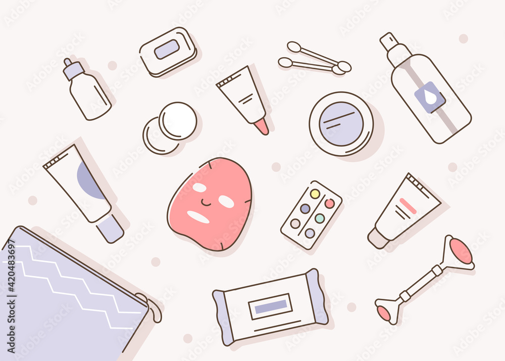 Cosmetic Bag with different Skin Care Products around. Facial Mask