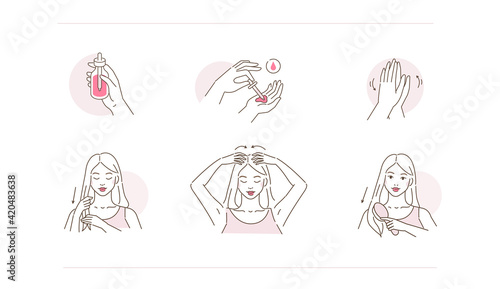 Beauty Girl Take Care of her Damaged Hair and Applying Treatment Oil on Hair Roots and Tips. Woman Making Haircare Procedures.  Beauty Haircare Routine. Flat Line Vector Illustration and Icons set.