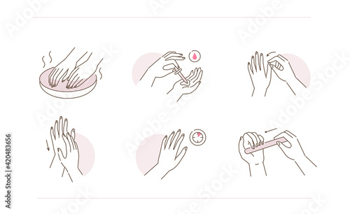 Beauty Girl Take Care of her Nails and Hands Skin. Woman Making Spa Manicure, Applying Treatment  Oil Serum, Filing Nails. Beauty Skincare Routine. Flat Line Vector Illustration and Icons set.