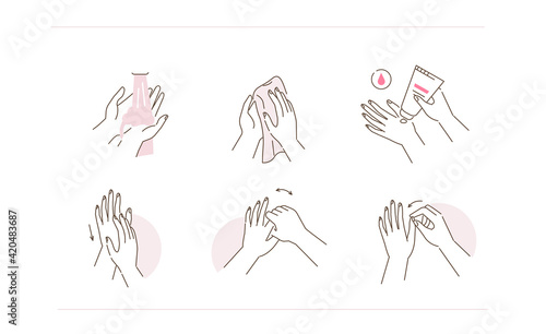 Beauty Girl Take Care of her Hands Skin and Nails. Instruction how to Use and Applying Hydrating Hand Cream. Hands Skincare Concept. Flat Line Vector Illustration and Icons set.