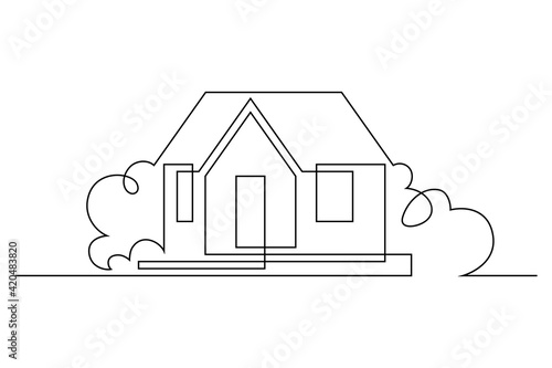 Foto Simple country house surrounded by lush greenery in continuous line art drawing style
