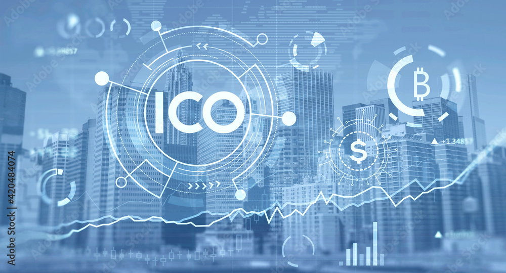 Double exposure of cryptocurrency ICO theme with aerial view of city New York skyline at night. Concept of digital money. Double exposure of cryptocurrency ICO theme with aerial view of city New York skyline at night. Concept of digital money.