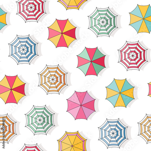 Seamless vector pattern with hand drawn retro style beach umbrella on white background. Top view. Cute summer texture for print, poster, fabric, wallpaper, banner, textile, packaging, wrapping paper.