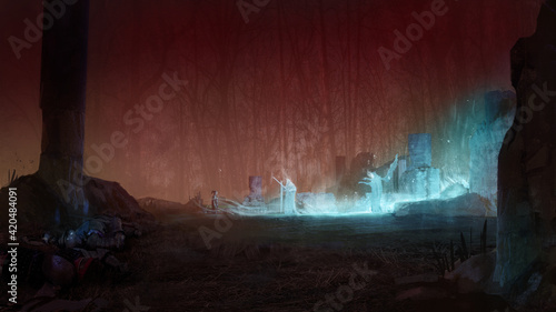 Canvas-taulu Digital painting of a warrior bowing to undead ghost king after fierce losing ba