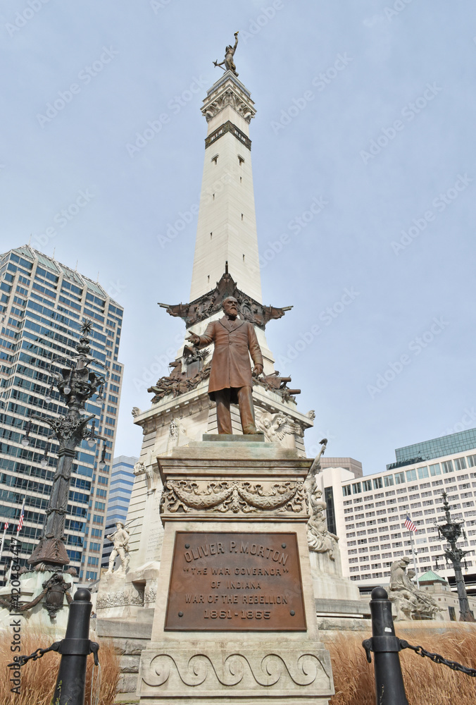 A statue of Oliver P. Morton at the corner of the Soldiers and Sailors monument, Indianapolis, Indiana.