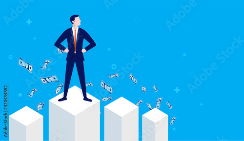 Successful man on top of graph with money flying in air. Business accomplishment and financial growth concept. Vector illustration.