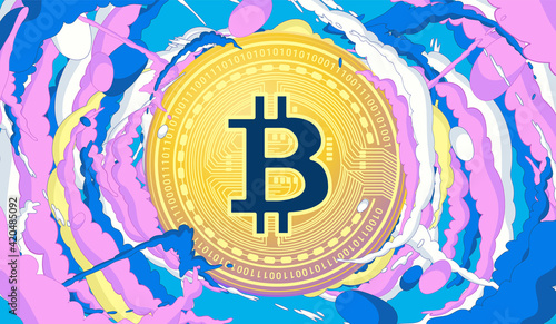 Bitcoin pop art - Colourful explosion blast with bit-coin symbol. Vector illustration.