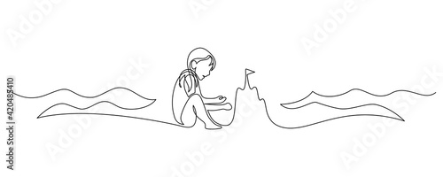 Child building a sand castle on the beach. Continuous line art drawing style. Happy summer vacation. Girl playing on the beach black linear sketch isolated on white background. Vector illustration