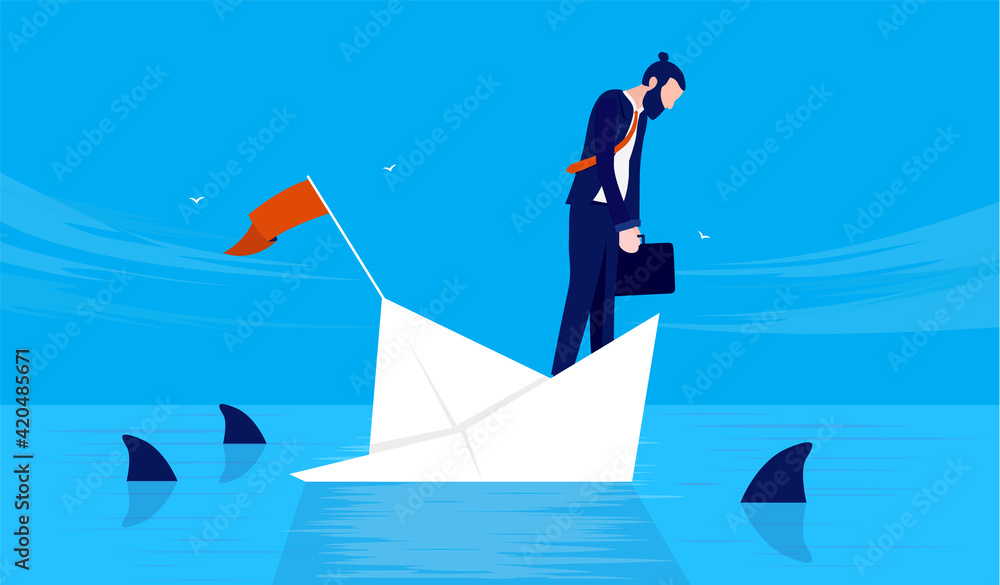 Businessman in danger - Man on sinking ship with sharks swimming in water. Business crisis, trouble and problems concept. Vector illustration. Businessman in danger - Man on sinking ship with sharks swimming in water. Business crisis, trouble and problems concept. Vector illustration.