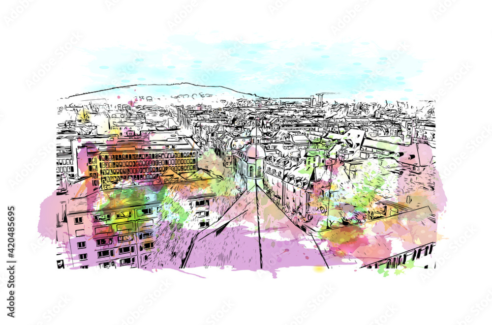 Building view with landmark of Lucerne is a compact city in Switzerland. Watercolour splash with hand drawn sketch illustration in vector.