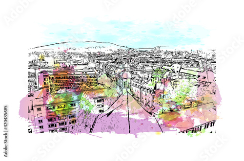 Obraz na płótnie Building view with landmark of Lucerne is a compact city in Switzerland. Watercolour splash with hand drawn sketch illustration in vector. w salonie