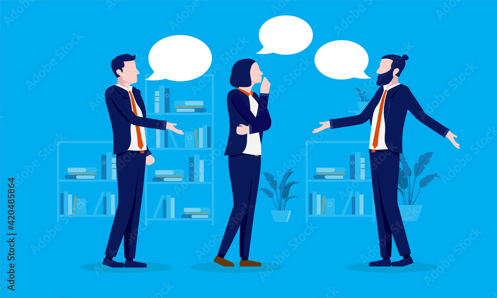 Discussion between colleagues - Three people having conversation and discussing solutions. Corporate vector illustration.