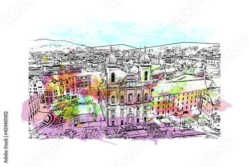 Building view with landmark of Lucerne is a compact city in Switzerland. Watercolour splash with hand drawn sketch illustration in vector.