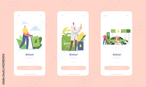 Characters Refueling Car with Biofuel on Station Mobile App Page Onboard Screen Template. Scientist with Flask