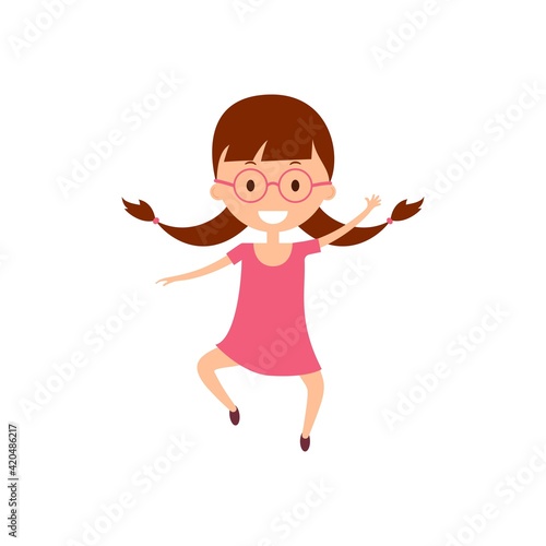 Cartoon laughing dark-haired girl with pigtails jumping. Illustration happy child in lilac dress with glasses. Joyful teenager