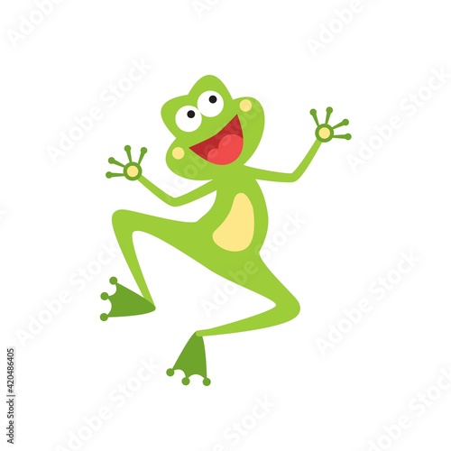 Cartoon joyful frog jumping isolated on white. Smiling toad hopping. Happy animal character.