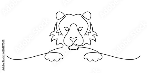 Tiger in continuous line art drawing style. Abstract cartoon tiger looking out black linear design isolated on white background. Vector illustration