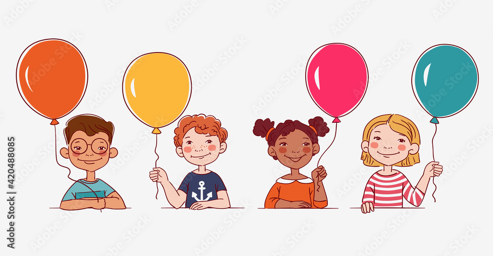 Funny kids with balloons. Vector cute boys and girls collection. Multi-ethnic group of happy children. Different cartoon faces icons Funny kids with balloons. Vector cute boys and girls collection. Multi-ethnic group of happy children. Different cartoon faces icons