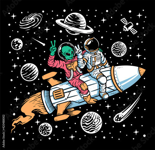 Astronaut and alien ride on rockets