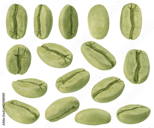 Set of green coffee beans in different angles. 3D illustration 