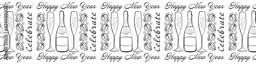 Champagne and strawberry celebrate Happy New Year text vector seamless border. Banner with script lettering, fizzing glasses,bottles strawberries black white backdrop. For ribbon, tape, edging, header