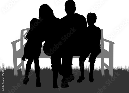 Black silhouettes of a family sitting on a bench.