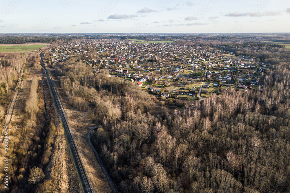 The railway is photographed from above. Kurmaiciai, Mazeikiai, Lithuania.