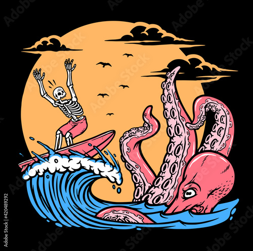 Surfing skull and octopus