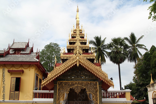 Front view of temple pavilion in Wat Sri Chum, Lampang Province, Northern Thailand.